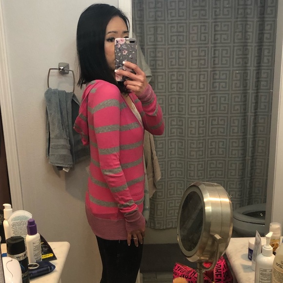 VS Pink Striped Hooded Button Down Cardigan - Picture 2 of 10